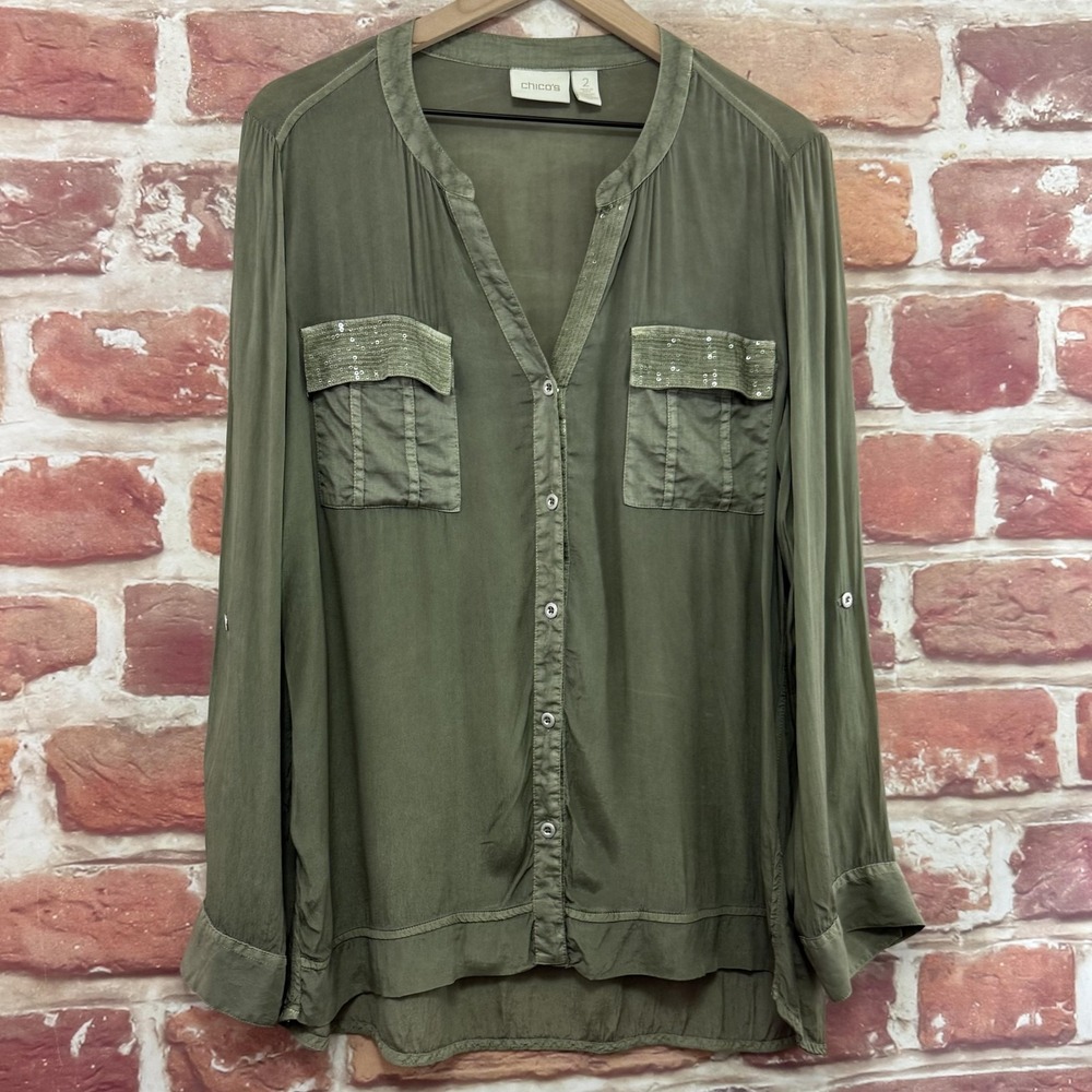 Chicos Top Women's Large Olive Green Shimmery Worn Look Sequin Trim Casual Shirt - Picture 2 of 9